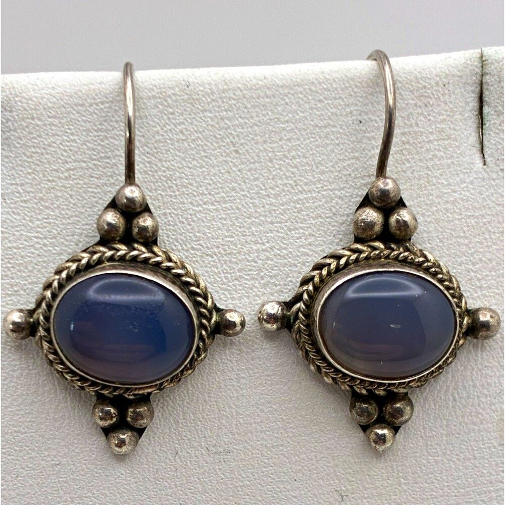 VTG Silver Oval Blue Cabochon Bezel Dangle/Drop French Hook Wire Earrings 1 in